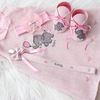 Kişiye Özel İsimli Pudra Tunik Elbise, Ayakkabı, Saç Bandı ve Emzik Askısı Seti - Pembe Fil