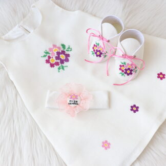 Kişiye Özel İsimli Krem Tunik Elbise, Ayakkabı ve Saç Bandı Seti - Renkli Çiçekler