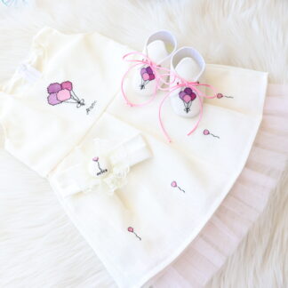 Kişiye Özel İsimli Pileli Bebek Elbisesi, Ayakkabı ve Saç Bandı Seti - Pembe Balonlar