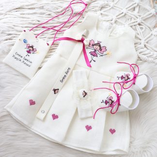 Kişiye Özel İsimli Pileli Bebek Elbisesi, Ayakkabı, Saç Bandı, Emzik Askısı ve Harçlık Kesesi Seti - Peri Kızı